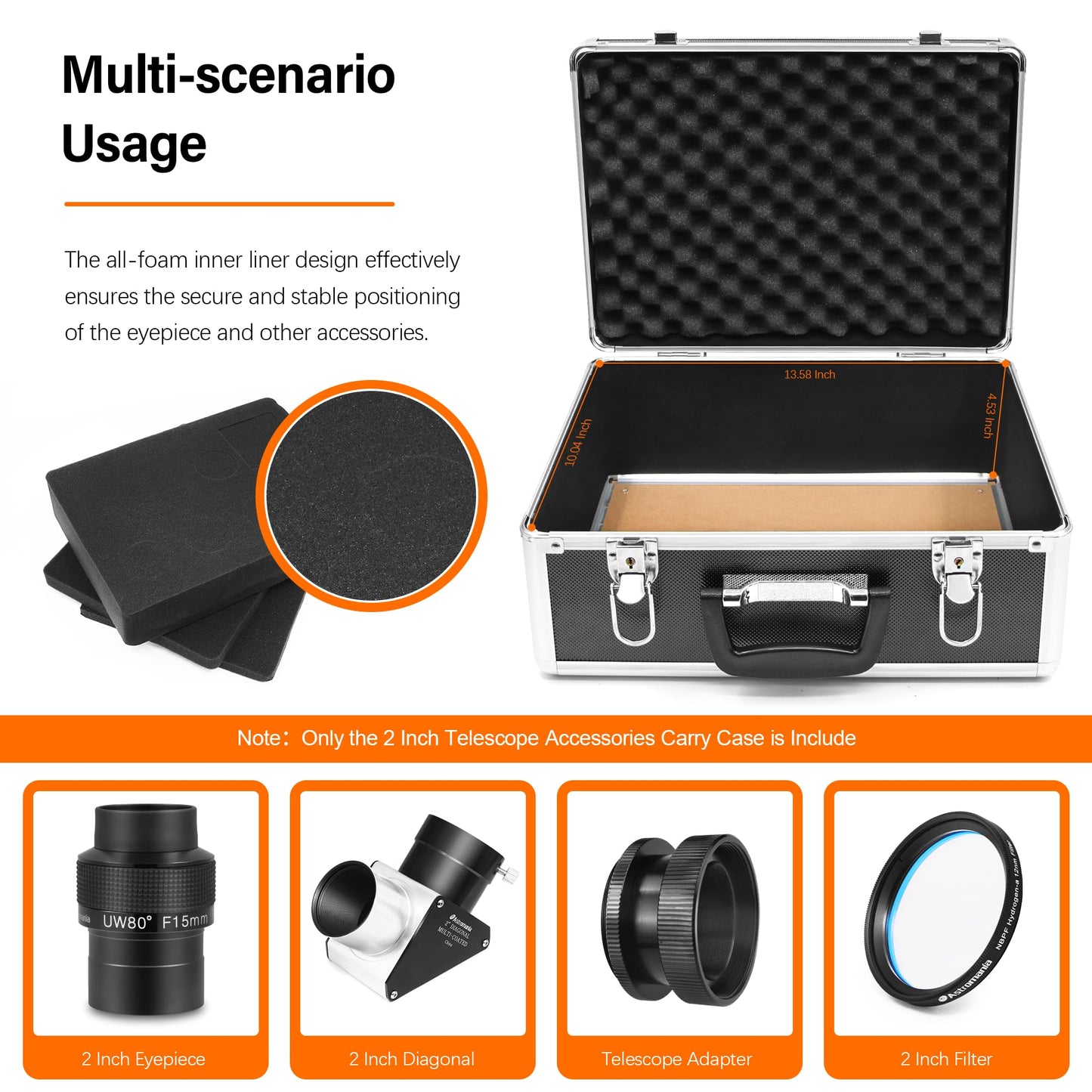 Astromania 2 Inch Telescope Carry Case, Customizable Pre-Diced Foam, Aluminum Alloy Sturdy Build for 2 Inch Eyepiece, Filter, Barlow Lens, Diagonal, T Adapter and Other Telescope Accessories