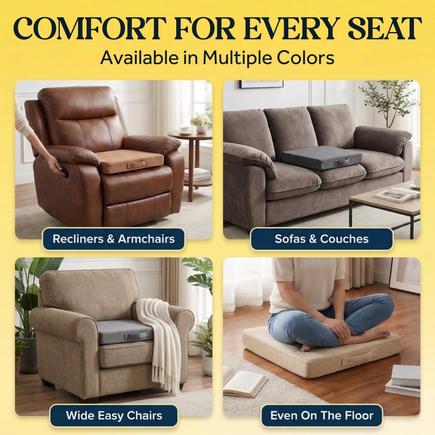 WESTERN COMFORT Recliner Cushion [20x20” Large] Medium Soft Orthopedic Seat Cushion for Recliner Chair – 3” Thick Gel Memory Foam Riser for Sagging Seats & Elderly Lift Assist – Non-Slip