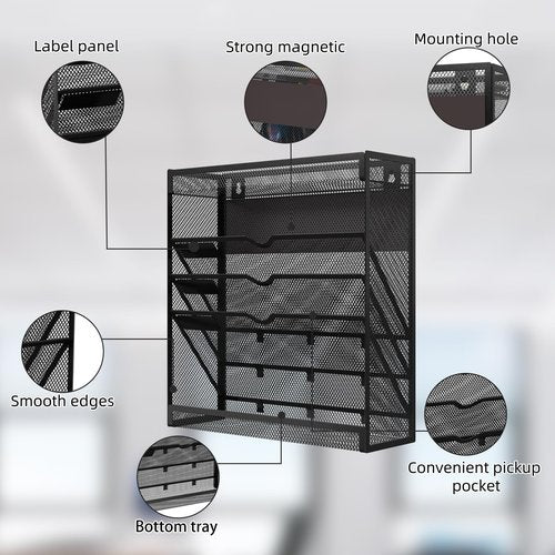 5 Tier Magnetic File Holder, No Drilling Wall File Organizer, Magazine Paper Mail Document Holder/Magnetic Hanging File Organizer for File Cabinets,Whiteboard refrigerator,Office,Classroom(Black)