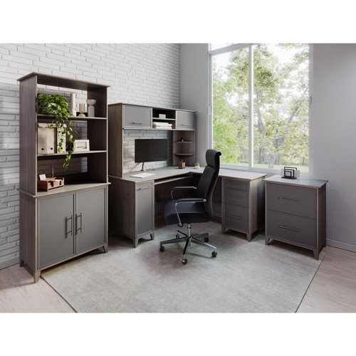 Realspace® Koru 60"W Hutch For Koru L-Shaped Or Straight Computer Desks, Two-Tone Slate/Gray Oak