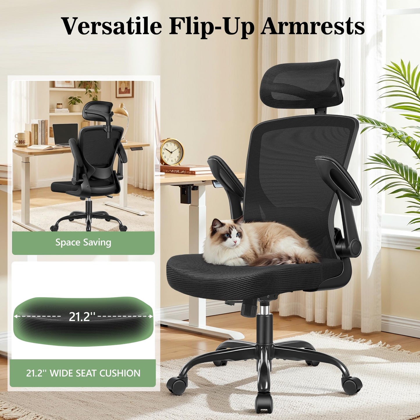 Ergonomic Office Desk Chair, Computer Desk Chair with Adjustable Lumbar Support, FILP-up Arms, Breathable Mesh Home Office Chairs Comfortable for Long Hours, Black