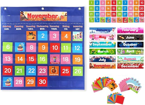 Fun Classroom Calendar - Educational Pocket Chart with 88 Cards | Monthly Calendar for Teachers (Blue)