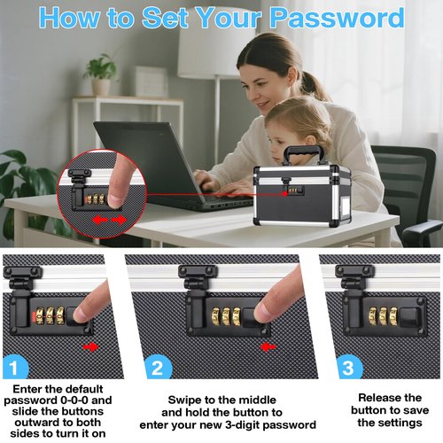 LOCKCURX 11 x 7 x 8.3 Inch Lockable Storage Box with Combination Lock, Portable Safe for Documents, Medicine, Cash & Valuables, Medicine Lock Box with Label Slot for Home, Office & Travel - Black