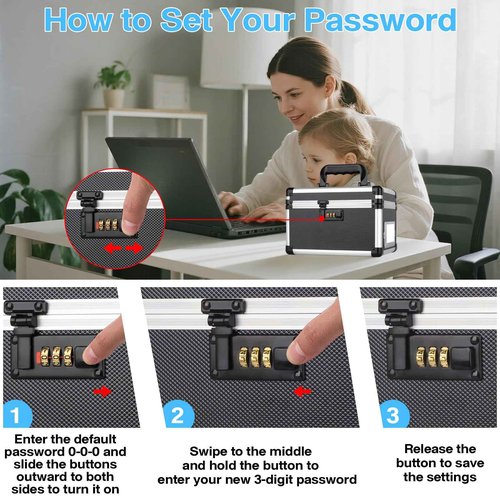 LOCKCURX 13.4 x 8 x 8.7 Inch Lockable Storage Box with Combination Lock, Portable Safe for Documents, Medicine, Cash & Valuables, Medicine Lock Box with Label Slot for Home, Office & Travel - Black