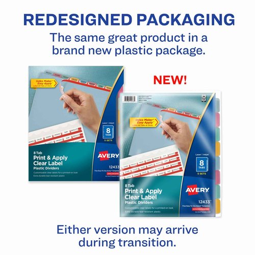 Avery 8 Tab Plastic Dividers for 3 Ring Binder, Easy Print & Apply Clear Label Strip, Index Maker Customizable Multicolor Tabs, 5 Sets (11433)