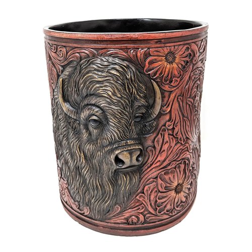BestGiftEver Faux Tooled Leather Trash Bin with Bison Bust Accent - Southwest Decorative Resin Wastebasket - Ideal for Ranch Farmhouse Enthusiasts