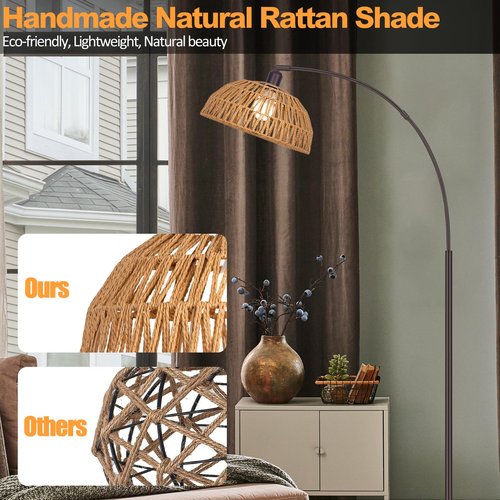 Rattan Floor Lamp- Modern Black Standing Floor Lamps with Remote Control and Stepless Dimmable Bulb, Hand-Worked Adjustable Rattan Lamp Shades Bohemian Floor Lamps for Living Room, Bedroom, Office