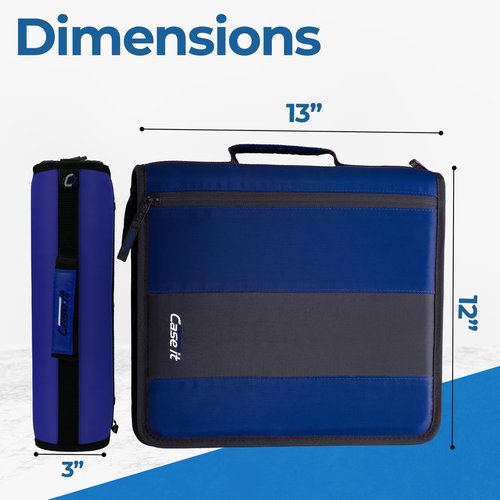Case-it Classic Zipper Binder | 2-Inch O-Rings, 350 Sheet Capacity, Multiple Storage Pockets & Shoulder Strap | School & Office Organizer | D-251 Midnight Blue