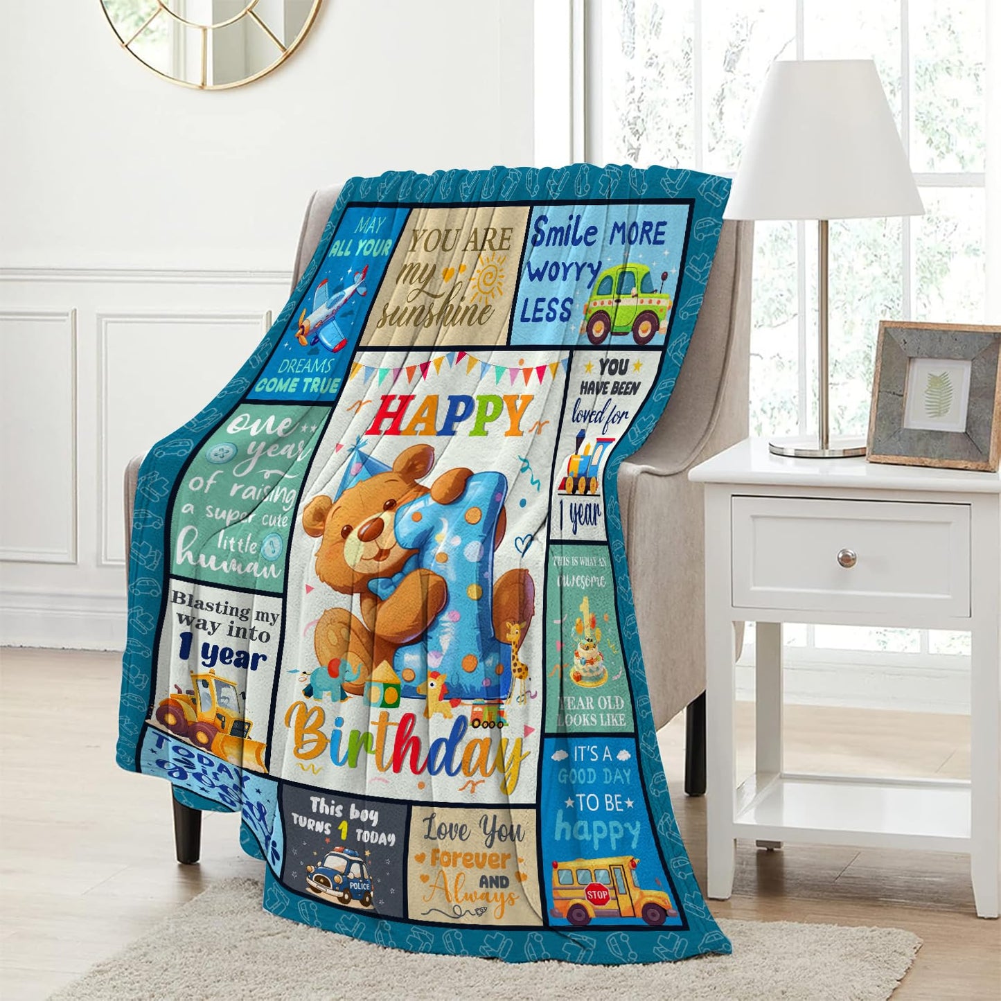 CIUGOIG 1 Year Old Boys Gifts, Happy 1st Birthday Blanket 50"x40", 1st Birthday Gifts for One Year Old Boys, Baby Boy First Birthday Gift Ideas, Teddy Bear 1st Birthday Decorations for Boy Blanket