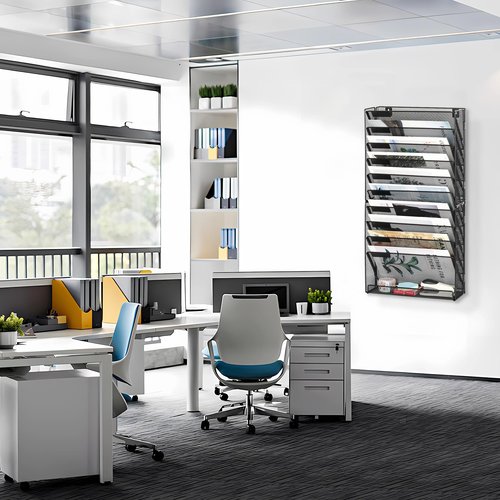 EasyPAG 11 Tier Wall File Holder with Flat Tray, Black | Easy Assemble Mesh Desk File Organizer | 10-Folder Paper Storage | Replaceable Classify Labels | Space Saving Mail Organizer for Office Home