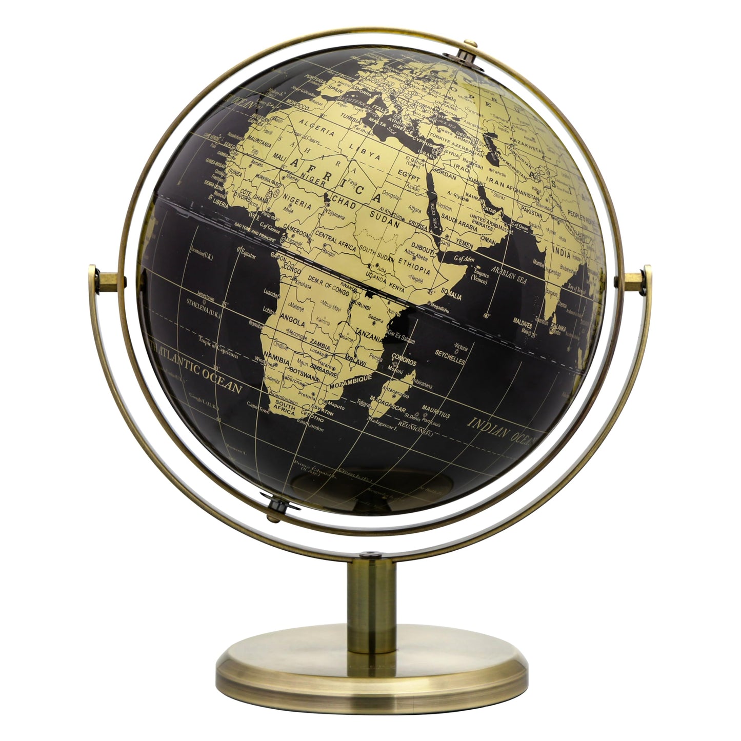 EXERZ 8" Globe Black & Golden, All Direction 360 Rotating - World Globe Educational Geographic - Bronze Arc and Base. English Map.