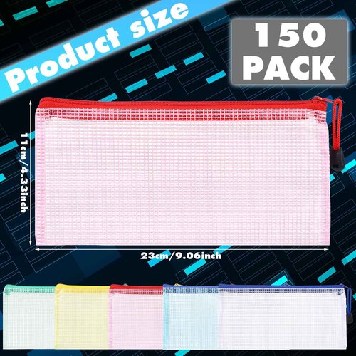 Threlaco 150 Pcs Operation Christmas Bulk Items Mesh Zipper Pouch Bulk 4 x 9 Inch Small Pencil Pouch Waterproof Clear File Bags Plastic Waterproof Document Pouch Multipurpose for School Office Supply