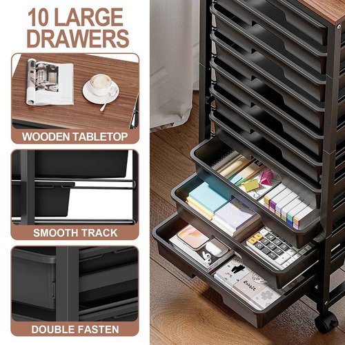 SYKIARIOL Rolling Cart with Drawers,10 Drawer Rolling Cart,Storage Cart,Utility Cart,Teacher Cart for Classroom Storage,Craft Cart with Wheels and Wooden Tabletop,Black