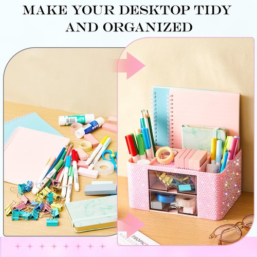 MotiMind Pink Bling Desk Organizer with 2 Drawer, Sparkly Makeup Organizer for Vanity, Girly Desk Accessories, Rhinestone Pen Holder, Elevate Your Workspace with Pink Serenity (Diamond)