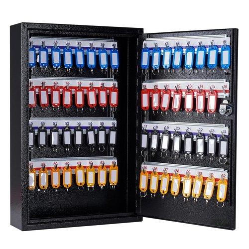 UMEKEN Metal Key Cabinet - 64 Position Wall Mount Lock Box with Key Tags - Key Organizer Storage Locker, Black, 11.81" x 3.15" x 17.72"