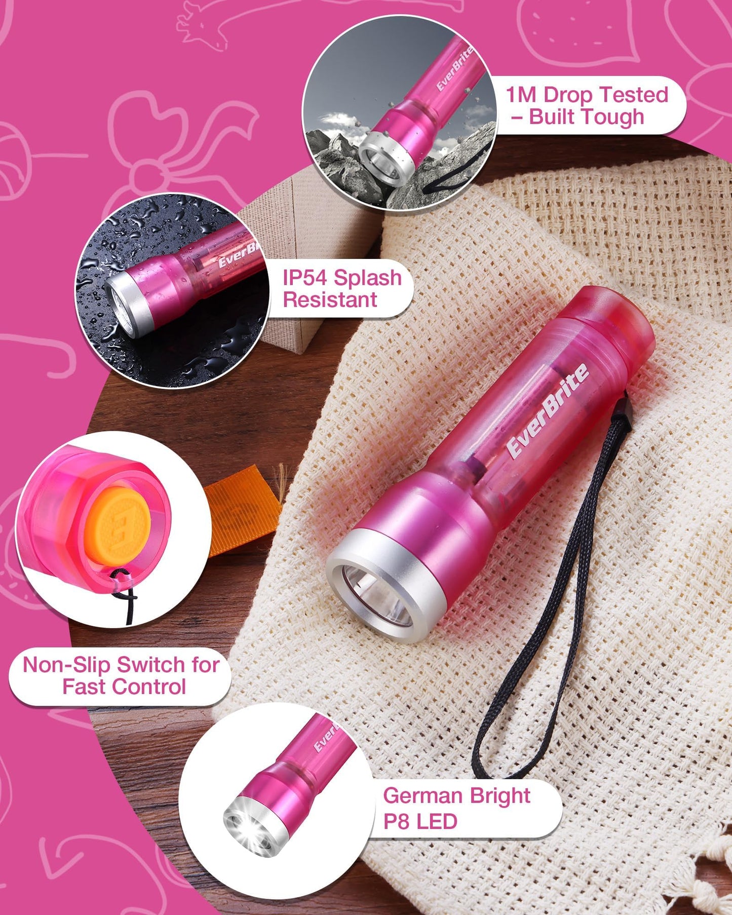 EverBrite Small Flashlight, Compact LED Flash Light with 3 Modes, 3 AAA Batteries Included, Water-Resistant Mini Flashlight for Home,Emergencies and Camping, Pink, 1 Pack