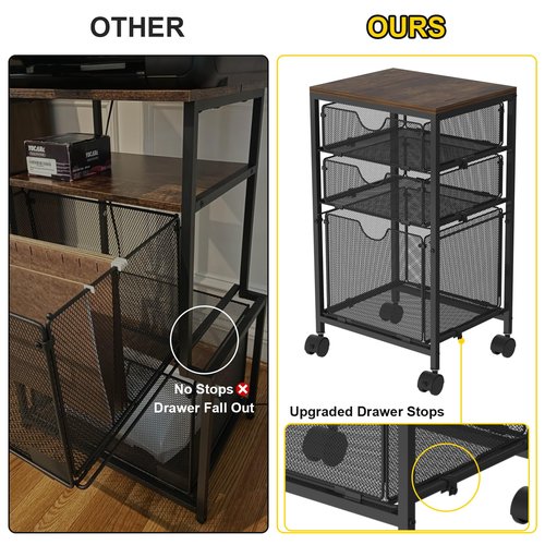 BOHDK Rolling File Cart with 3 Storage Drawers, Wood & Mesh Hanging File Folder Organizer with Wheels Under Desk, File Cabinets for Home Office, 11.81" D x 14.8" W x 25.39" H, Black