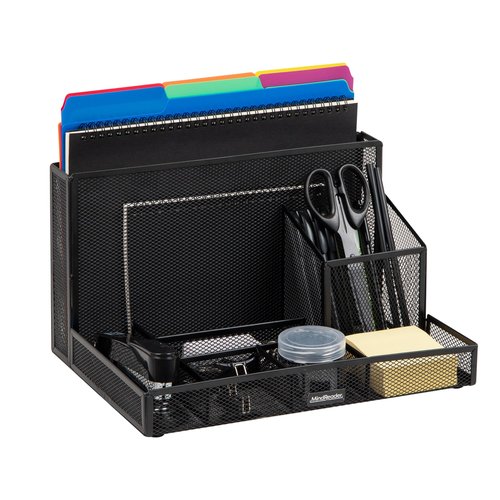 Mind Reader Desktop Organizer with Office Supplies Included, Vertical File, Storage, Metal, 12.5"L x 9"W x 7.25"H, Black