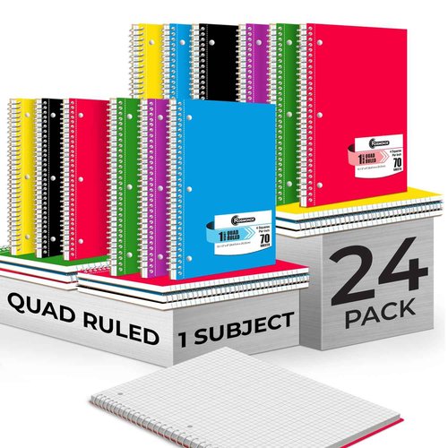 Rosmonde 1 Subject Graph Paper Spiral Notebook, 24 Pack, 70 Sheets (140 Pages), 8 x 10-1/2" Bulk 4x4 Spiral Bound Grid Notebooks, 3 Hole Punched Single Subject Quad Ruled Spiral Notebooks for School