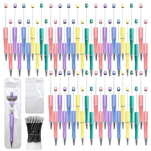 DASTTUIS 300 Pieces DIY Beadable Pen Kit – 100 Plastic Ballpoint Pens with Refills & Bags – School Supplies, Office Accessories & Decorative Items for Students & Teachers (Dreamy Soft Palette)