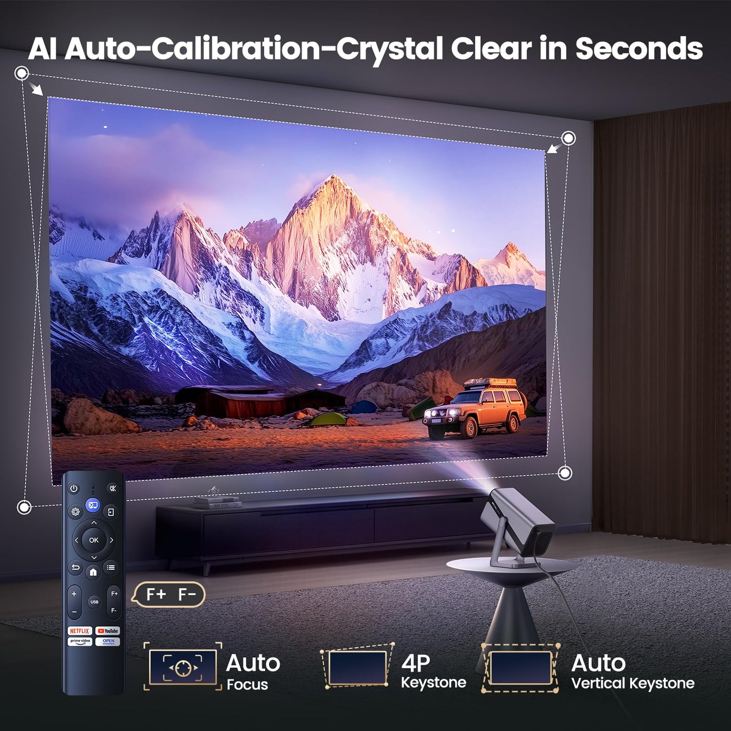 [Built-in Apps & 4K Support & Auto Focus]- Smart Projector with WiFi 6 and 2-Way Bluetooth, Dolby Audio/ Auto Keystone/Zoom,360°Adjustable Stand, iWIMIUS Mini Portable Outdoor Proyector w/ HDMI ARC