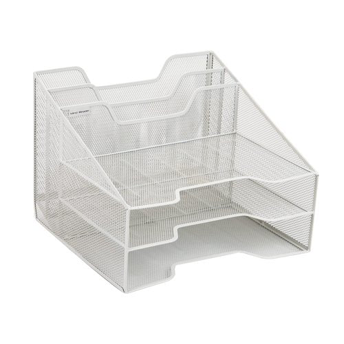 Mind Reader Metal Mesh Desktop File Organizer, 3-Tier Paper Tray with 5 Compartments, Office Mail Sorter, White