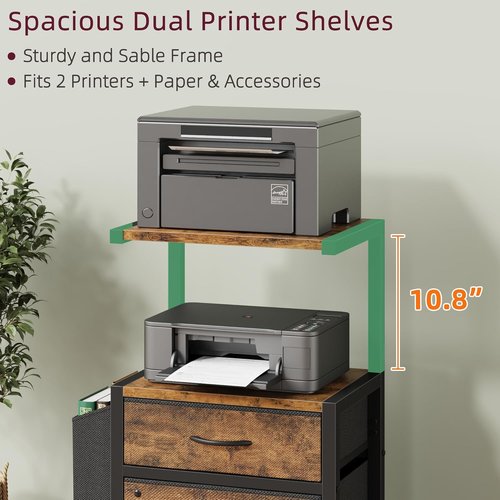 HIGDBFE Filing Cabinet - 2-Tier Printer Stand with Fabric Drawers & Side Bag - Rustic Brown, 16.5" W