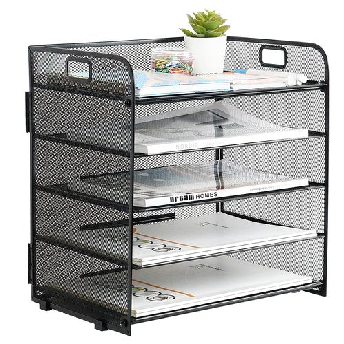 ALTOS OFFICE AND HOME, Metal Mesh Desk Organizer, 5 Compartments, Large Capacity, Holes to Handle It, Rounded Corners, Non-Slip, Anti Rust, Hinge Design