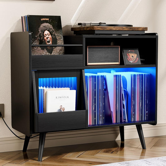 Skiennix Large Record Player Stand - 350 Vinyl Storage Cabinet with Power Outlet & LED Light | Stylish Wood Legs for Living Room, Bedroom, Office