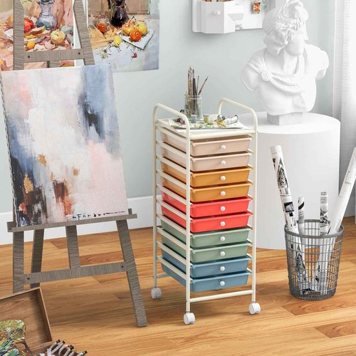 Julimoon 10 Drawer Storage Cart, Rolling Cart with Lockable Wheels, Trolley Utility Cart with Removable Drawers, Mobile Organizer with Handle for Living Room Kitchen Home Office (Macaron)