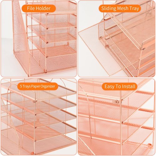 LEKETREE Desk Organizers and Accessories, 5-Tier Paper Letter Tray Organizer with File Holder, Desktop Organizer for Office Supplies, Office Desk Accessories & Workspace (Rose Gold)