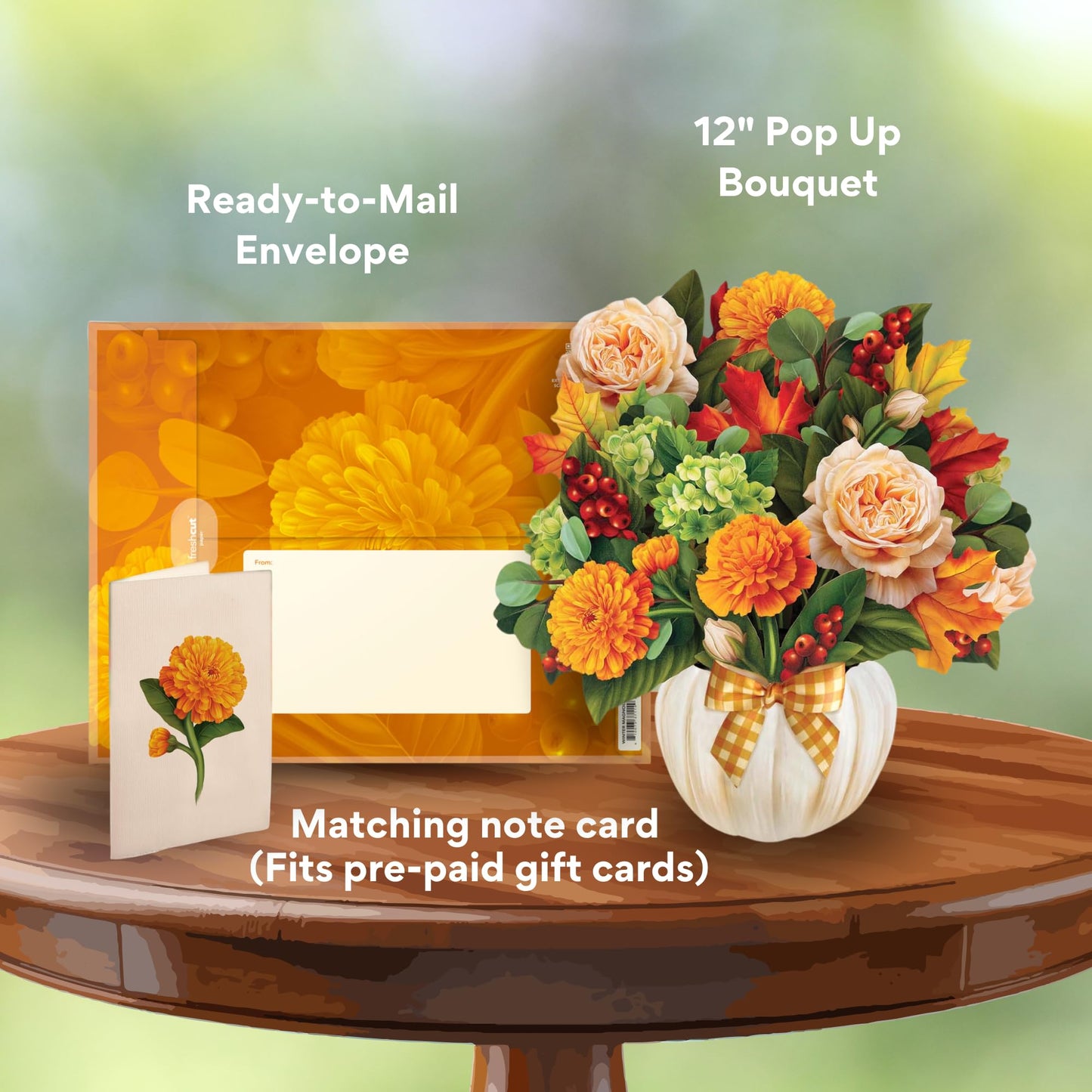 Freshcut Paper Pop Up Cards, Pumpkin Spice, 12 Inch Life Sized Forever Flower Bouquet 3D Popup Greeting Card, Autumn Cards, Birthday Card, Blank Notecard & Envelope