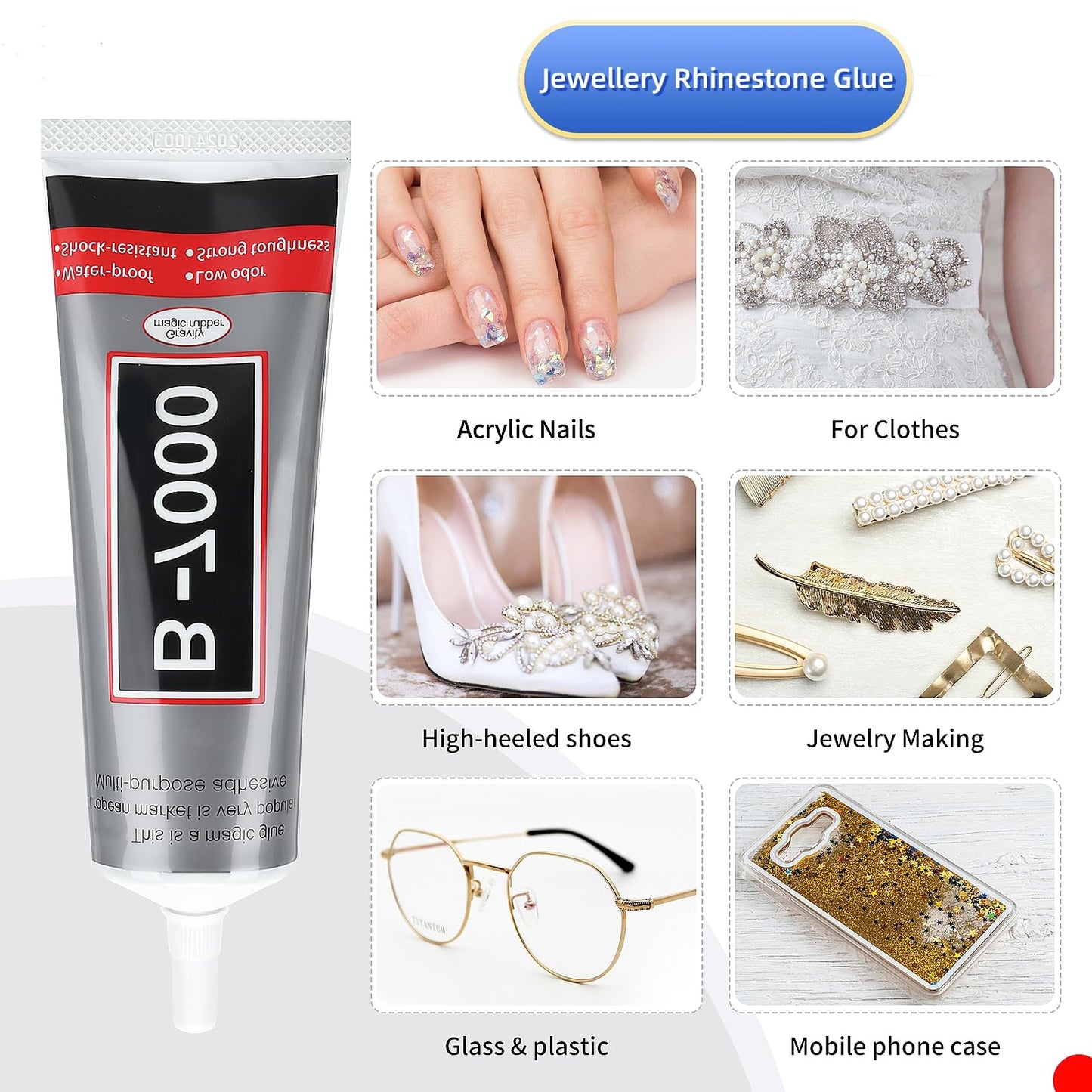 B-7000 Clear High-Viscosity Glue - Perfect for Rhinestones, Jewelry, Beads | Ideal for Fabric, Shoes, Clothes, Phone Screens, Metal, Stone, Nail Art, Glass (4X15ML/0.5oz)