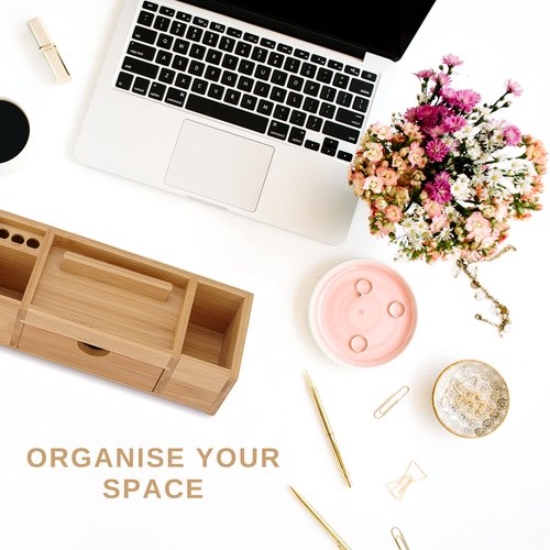 TROEX Bamboo Desk Organizer – Durable Office Wood Desk Organizer with Drawers, Storage Compartments, Pen Holder, and Phone Holder- Home and Office Desk Organizers and Accessories