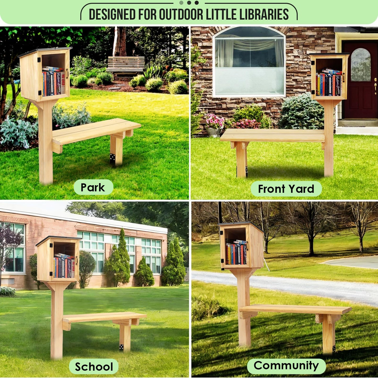 Little Library Box Outdoor Bench, Large 39.4"x13.8" Add-On Bench with Ground Anchor, Waterproof Solid Wood Seat, Durable & Stable Seating for Two Adults, Ideal for Neighborhoods, Communities & Schools