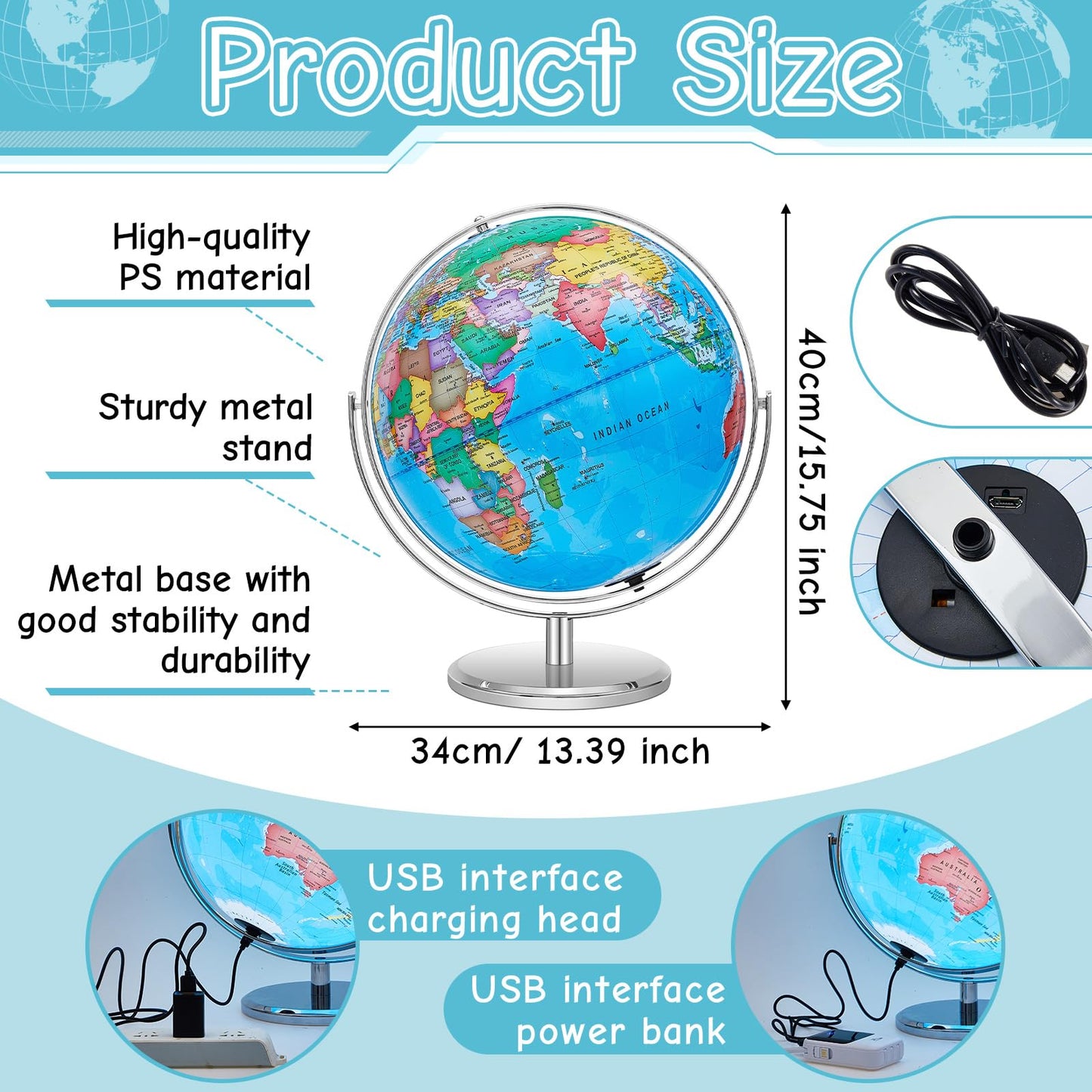 Amylove 13'' Illuminated World Globe for Adults 720°/360° Rotation Rewritable Kids Light-up Globe with Stand World Map for Interactive Learning Light with Base Lamp LED Decor(Metal,Practical)