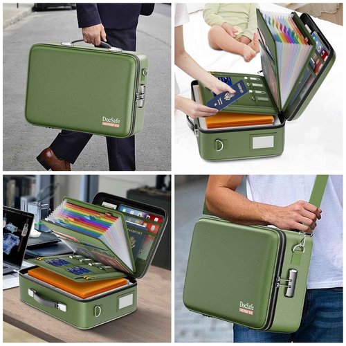 DocSafe Fireproof Document Box with Lock, Hard Case File Organizer with Accordion File Folder, Fireproof Water Resistant Safe Box Home Office Travel Storage for Important Documents Laptop Green
