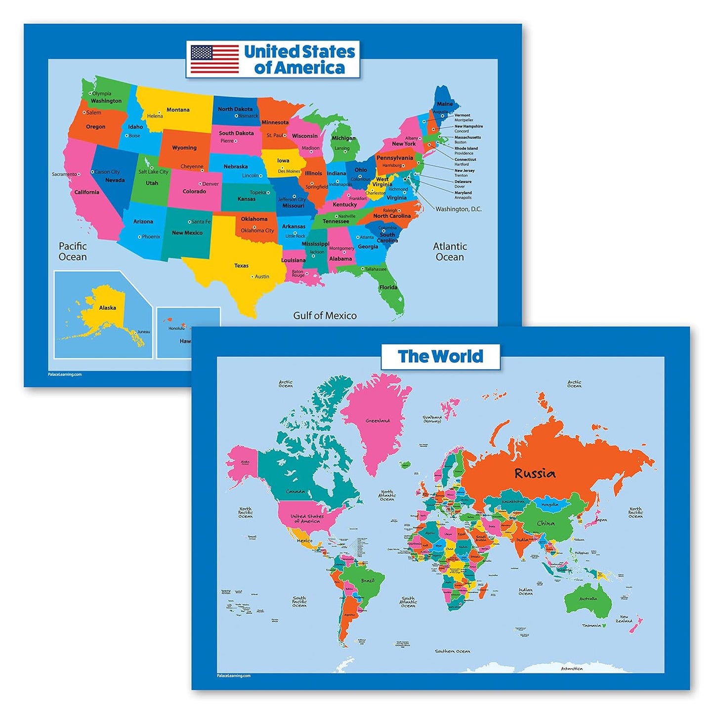 World Map & USA Map for Kids - Laminated 2 Poster Set | Educational Wall Charts (18 x 24)