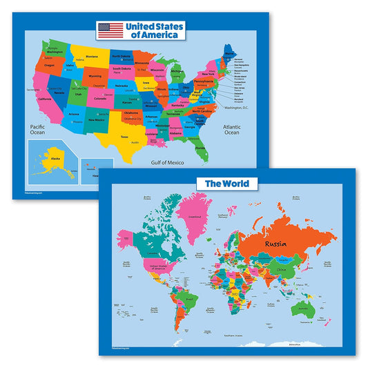 World Map & USA Map for Kids - Laminated 2 Poster Set | Educational Wall Charts (18 x 24)