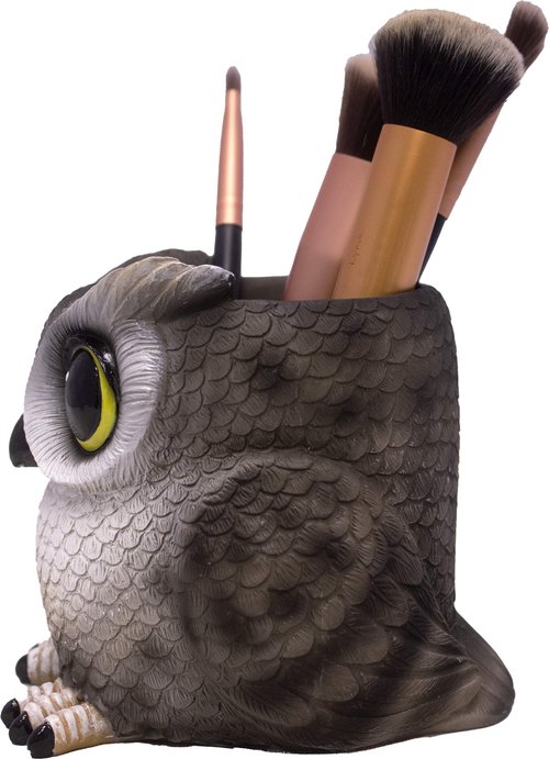 DWK Grey Owl Makeup Brush Holder Organizer Caddy | Handmade Bath Products and Makeup Organizer for Vanity | Farmhouse Gifts Owls Decor Cute Statues for Home Decor - 4"