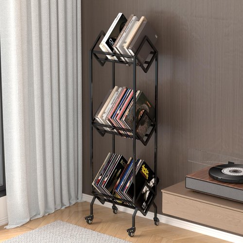 Noliven 3 Tier Vinyl Record Storage Rack with Casters, Metal LP Storage Stand, Book and Files Organizer, Magazine Display, Large Capacity Record Holder for Albums, Books, Magazines, and Office Files
