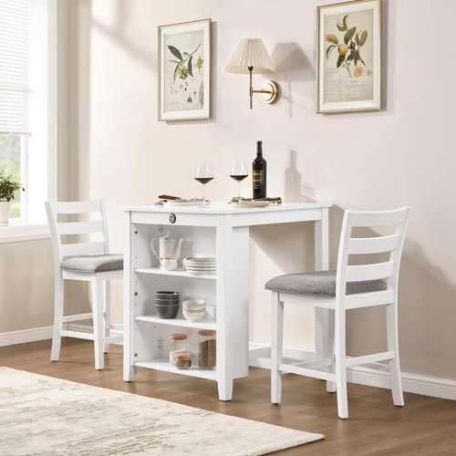FLEXISPOT Bar Height Dining Table Set with Charging Station & 3-Tier Adjustable Storage, Space-Saving 3 Piece Counter Height Kitchen Table and Chairs Set, Grey Finish (1 Table 36" + 2 Chairs), White