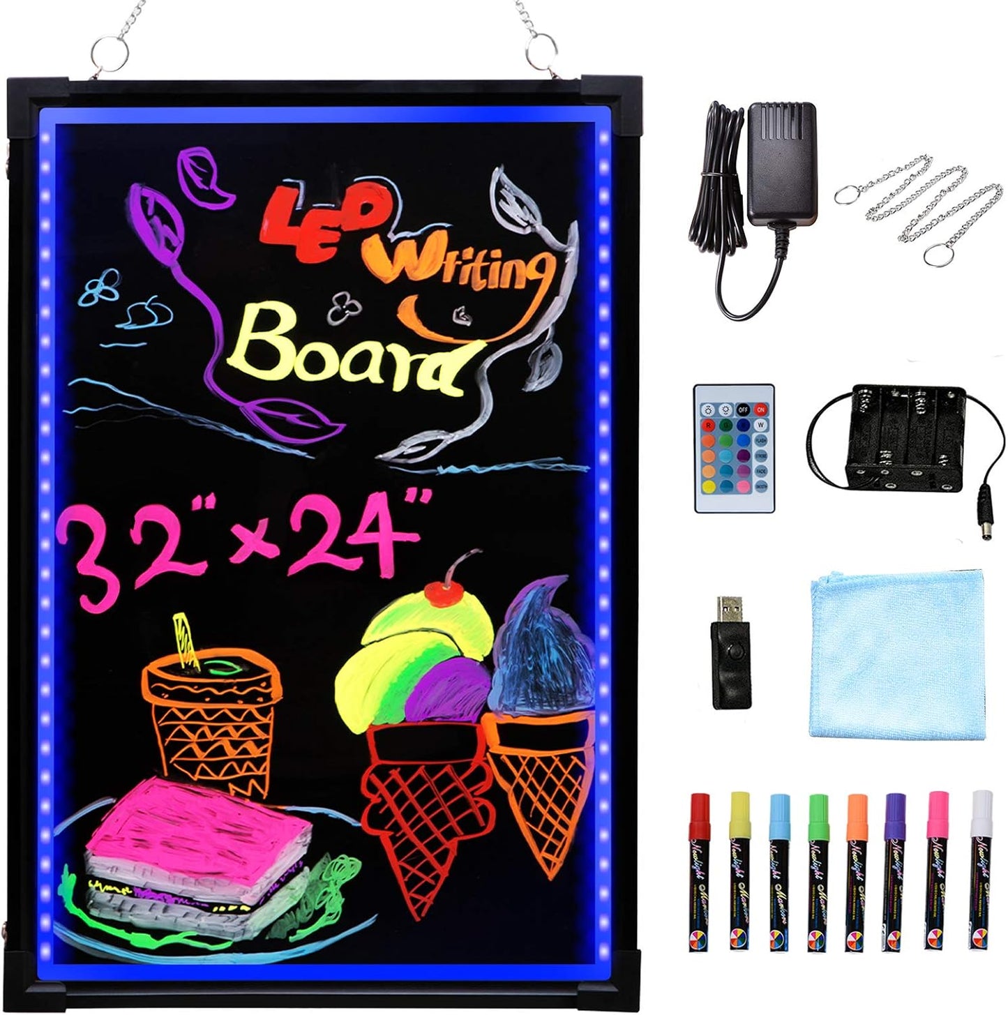 Voilamart LED Message Writing Board - 32" x 24" Illuminated Erasable Chalkboard with Remote Control & 8 Color Markers