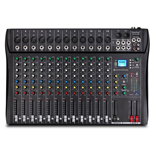 Depusheng DT12 Studio Audio Mixer 12-Channel DJ Sound Controller Interface w/USB Drive for Computer Recording Input, XLR Microphone Jack, 48V Power, RCA Input/Output for Professional and Beginners