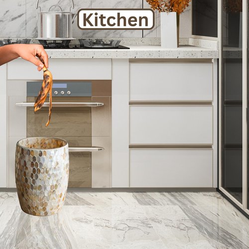 Escenzy Natural Shell Bathroom Trash Can Mosaic Glass 5L | Decorative Small Garbage Can | 7" x 10" | Luxury Waste Basket for Restroom, Office, Bedroom & Kitchen | Shiny Glass Bathroom Accessories