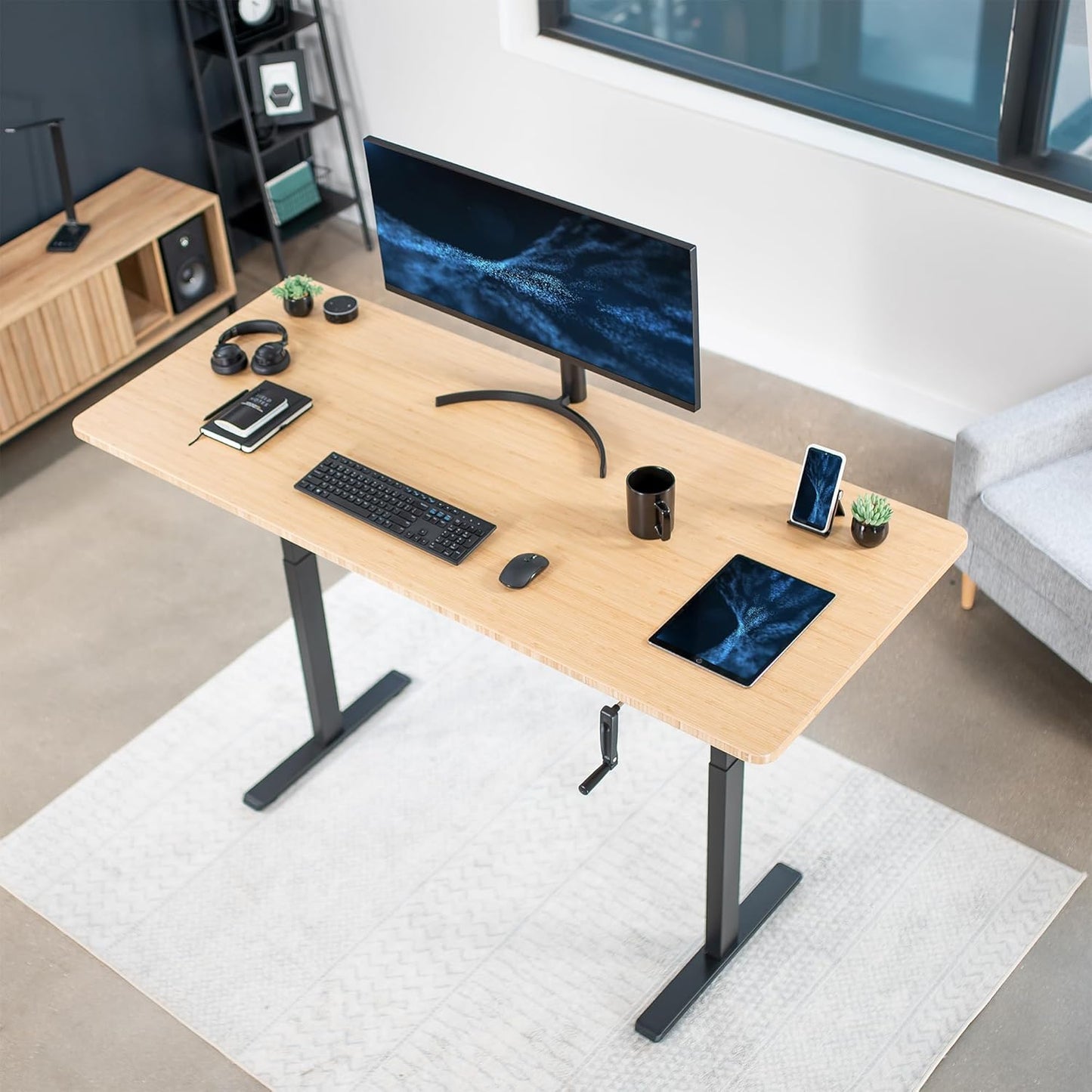 VIVO Manual Height Adjustable Stand Up Desk Frame - Ergonomic 2-Leg Workstation with Hand Crank | Black