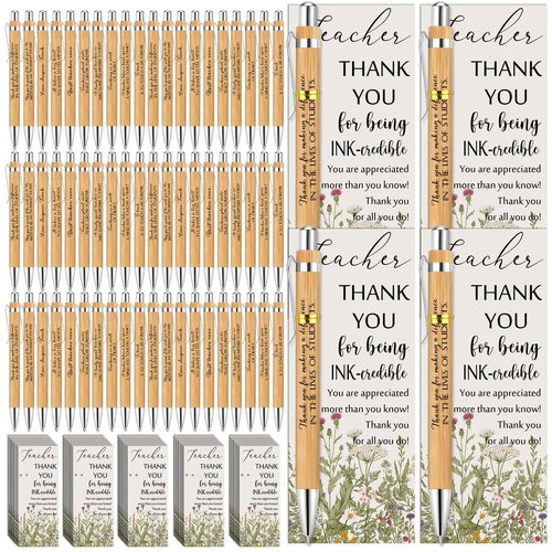 Spakon 80 Set Teacher Appreciation Gifts Include 80 Bamboo Pens and 80 Cards with Gold Cable Tie for Teachers' Day Teacher Appreciation Week Gift Staff Team Office School Supplies