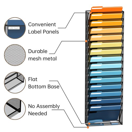 JMHUD 16-Tier Hanging File Organizer Wall File Holder, Wall Organizer for Papers, Folders, Magazines, Office Organization, No Assembly Required