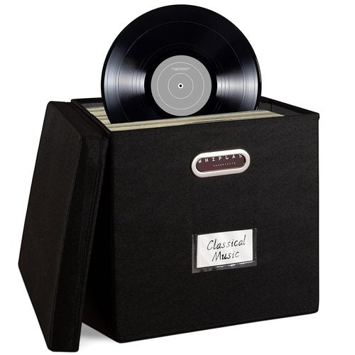 ComfortKeeper 1 Pack Vinyl Record Storage Box with Lid, Holds up to 50 LPs, 12.6"x12.6"x12.6" Durable 600D Polyester Organizer, Sturdy Handles & PVC Label Holder for 12" Records Collection, Black
