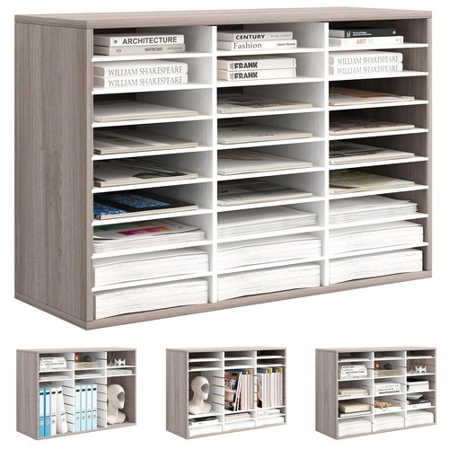 Alpeir Mail Organizer Countertop, 27 Slots Wooden Desk File Literature Sorter, Adjustable Paper Storage Shelves Document Holder, Space Saving Desktop Mailbox for Office Classroom, Retro Grey/White